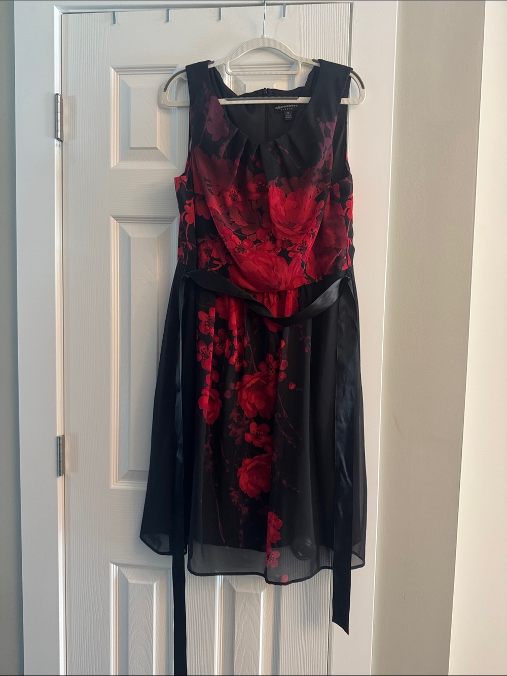 connected apparel Black Midi Dress with Red Floral Pattern and Sash